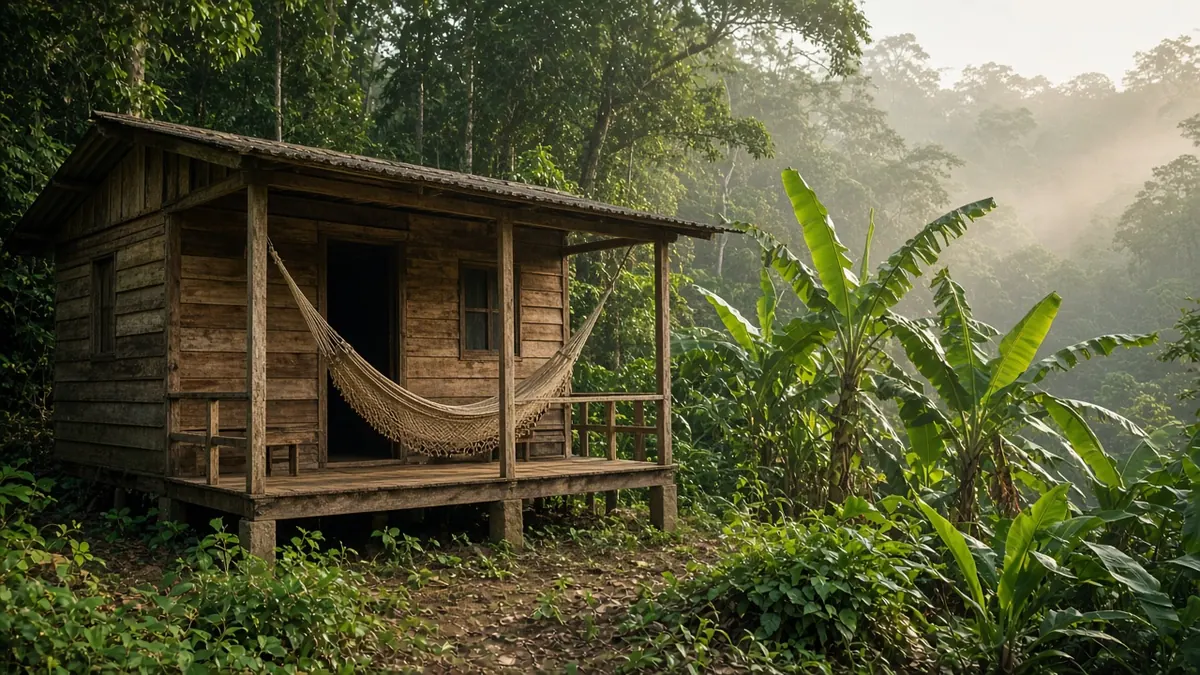 Imagen ilustrativa: cabaña de madera con hamaca en el bosque