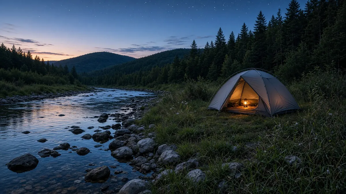 Imagen ilustrativa: carpa iluminada junto a un río al anochecer
