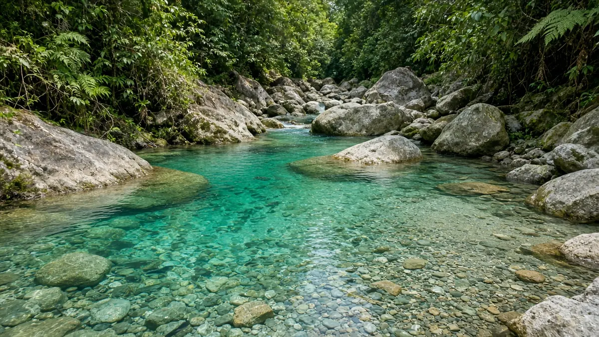 Imagen ilustrativa: charco de agua cristalina entre rocas y bosque