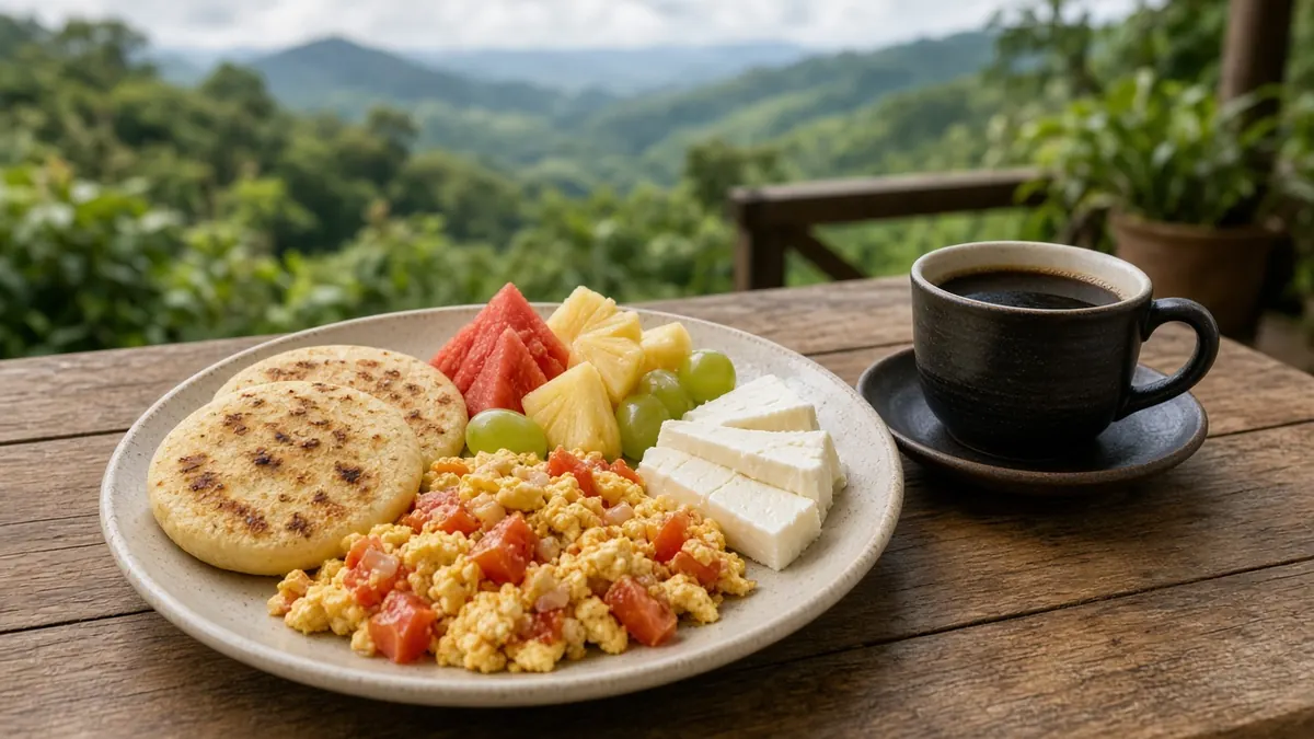 Illustration: country breakfast with arepa, eggs and coffee