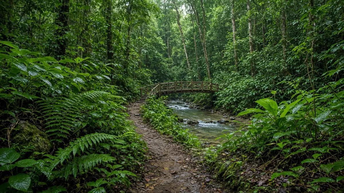 Imagen ilustrativa: sendero de bosque con puente de madera