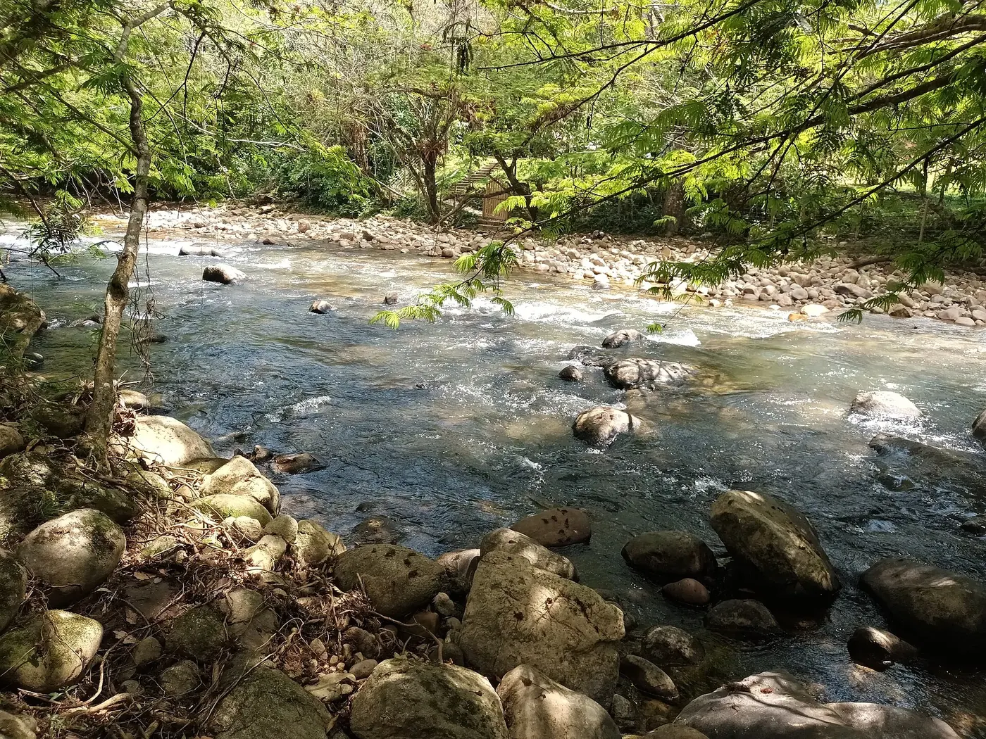 Orilla del río Arenal con rocas y vegetación en San Rafael